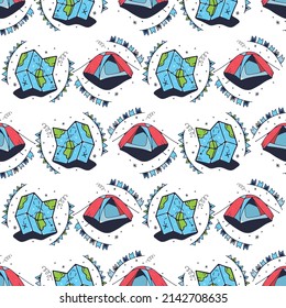 Map and Tourist tent. Seamless pattern on a white background. Cute vector illustration.