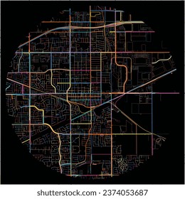 Map of Tracy, California with all major and minor roads, railways and waterways. Colorful line art on black background.