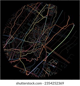 Karte Traiskirchen, Niederösterreich mit allen wichtigen und kleineren Straßen, Eisenbahnen und Wasserstraßen. Farbige Linienkunst auf schwarzem Hintergrund.