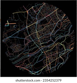 Map of Traun, Upper Austria with all major and minor roads, railways and waterways. Colorful line art on black background.