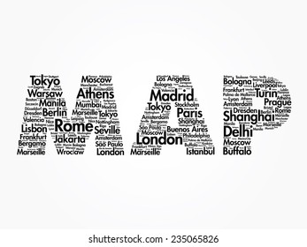 MAP travel concept made with words cities names, vector collage