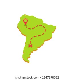 Map of travel in South America. A route with a red starting point and a cross at the end of the path. Warm green tropical continent. Vacation and weekend planning.  Cartoon flat illustration