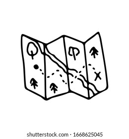 Mapa con tesoro en estilo doodle sobre un fondo blanco aislado. Viajes y camping. Ilustración vectorial de material.