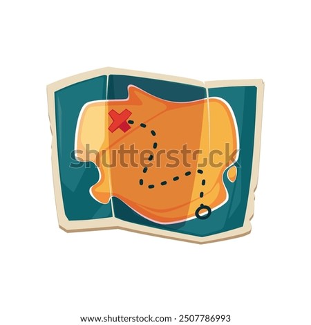 Map for treasure hunting. Game icon. Casino interface slot badge. Golden achievement trophy collection. Mobile app key element. Prize in video games. Cartoon vector isolated on white.