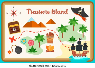 Map of treasure island flat design Pirate ship, a chest with gold coins, the camp of savages, the path to the treasure for playing pirates, competitions, contests and quests. Vector illustration.