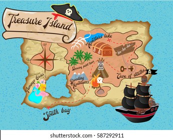 Map Of Treasure Island For Pirate Quest Vector Illustration