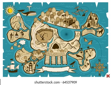 Map of  treasure island in the shape of skull and bones. Use the X in the lower right corner to mark the place of the treasure.