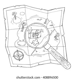 A map with a treasure and a loupe. Vector illustration