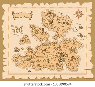 Map of treasures on old paper background, vector pirate island. Treasure map vintage scroll manuscript with compass, sea adventure and cartoon fantasy game dragon monsters, skull and drowned ships