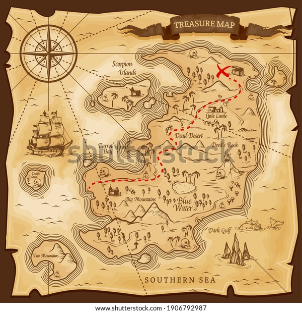 Map treasures paper parchment, pirate treasury,
vector nautical travel discovery. Vintage treasure map, ship on
skull island, sea adventure, chest with gold treasure X spot,
compass and ocean monster