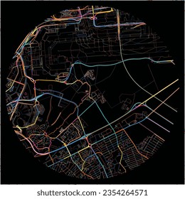 Map of Tremblay-en-France, Seine-Saint-Denis with all major and minor roads, railways and waterways. Colorful line art on black background.