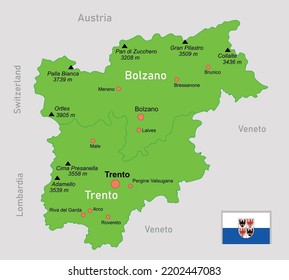 Map of Trentino-Alto Adige in Italy. Vector education illustration