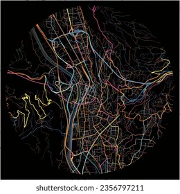 Map of Trento, Trentino-Alto AdigeSüdtirol with all major and minor roads, railways and waterways. Colorful line art on black background.