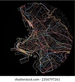 Map of Trieste, Friuli-Venezia Giulia with all major and minor roads, railways and waterways. Colorful line art on black background.