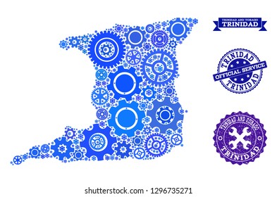 Map of Trinidad Island composed with blue gear items, and isolated rubber watermarks for official repair services.