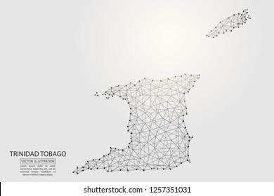 A map of Trinidad and Tobago consisting of 3D triangles, lines, points, and connections. Vector illustration of the EPS 10.