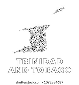 map of trinidad and tobago filled with soccer balls of different sizes and name of country on white background