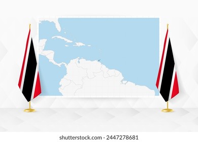 Map of Trinidad and Tobago and flags of Trinidad and Tobago on flag stand. Vector illustration for diplomacy meeting.