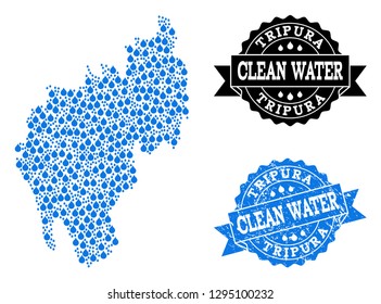 Map of Tripura State vector mosaic and clean water grunge stamp. Map of Tripura State composed with blue water raindrops. Seal with unclean rubber texture for clean drinking water.
