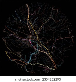 Mapa de Trofaiach, Estiria con todas las carreteras principales y menores, ferrocarriles y vías fluviales. Coloridas líneas de arte sobre fondo negro.