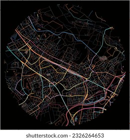 Map of Troisdorf, North Rhine-Westphalia with all major and minor roads, railways and waterways. Colorful line art on black background.