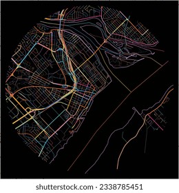 Map of Trois-Rivieres, Quebec with all major and minor roads, railways and waterways. Colorful line art on black background.