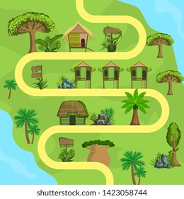 Map of Tropical Island with Bungalows, Top view, Summer Travel, Beach Resort Vector Illustration