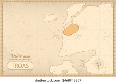 Mapa de Troya en el estilo antiguo, gráficos marrones en estilo retro de fantasía.