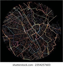 Map of Troyes, Aube with all major and minor roads, railways and waterways. Colorful line art on black background.