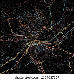 Map of Tubingen, Baden-Wuerttemberg with all major and minor roads, railways and waterways. Colorful line art on black background.