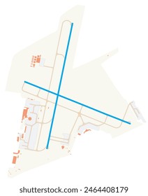 Map of Tunis-Carthage International Airport (Tunisia). IATA-code: TUN. Airport diagram with runways, taxiways, apron, parking areas and buildings. Map Data from OpenStreetMap.