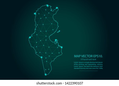 Mapa de tunisia - Línea de purga abstracta y escala de puntos en fondo de gradiente oscuro. Línea de red poligonal, esfera de diseño, punto y estructura de malla 3D del marco de cables. Ilustración vectorial, pasos 10
