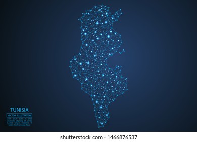 A map of Tunisia consisting of 3D triangles, lines, points, and connections. Vector illustration of the EPS 10.