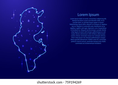 Map Tunisia from the contours network blue, luminous space stars for banner, poster, greeting card, of vector illustration