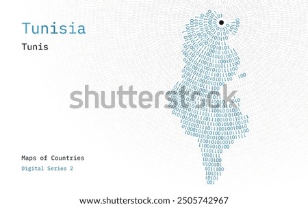 A map of Tunisia depicted in zeros and ones in the form of a circle. The capital, Tunis, is shown in the center of the circle