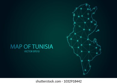 Map of Tunisia - With glowing point and lines scales on The dark gradient background, 3D mesh polygonal network connections. Vector illustration eps10.
