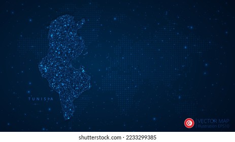 Map of Tunisia modern design with polygonal shapes on dark blue background. Business wireframe mesh spheres from flying debris. Blue structure style vector illustration concept. svg