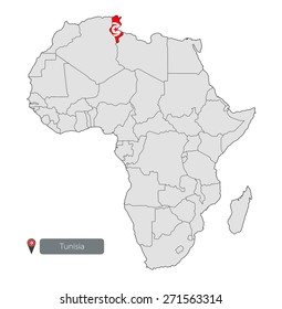 Map of Tunisia with an official flag. Location on the continent of Africa