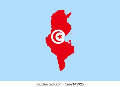 Karte von Tunesien auf blauem Hintergrund, Flagge Tunesiens darauf.