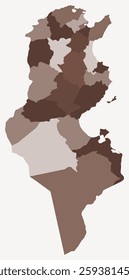 Map of Tunisia with regions. Just a simple country border map with region division. Brown color palette. Flat Tunisia shape with administrative division. Vector illustration.