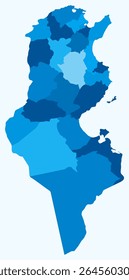 Map of Tunisia with regions. Just a simple country border map with region division. Light blue color palette. Blank Tunisia shape with administrative division. Vector illustration.