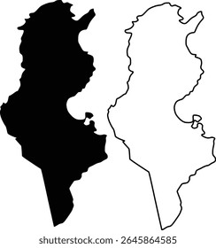 Map of Tunisia Silhouette Flat and Outline Design