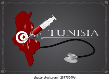 Map of Tunisia with Stethoscope and syringe.