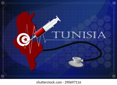 Map of Tunisia  with Stethoscope and syringe.