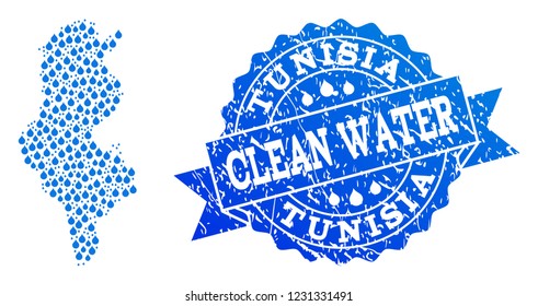 Map of Tunisia vector mosaic and clean water grunge stamp. Map of Tunisia created with blue liquid tears. Seal with grunge rubber texture for clean drinking water.