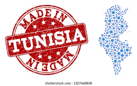 Map of Tunisia vector mosaic and Made In grunge stamp. Map of Tunisia formed with blue cog relations. Made in red seal with grunge rubber texture.