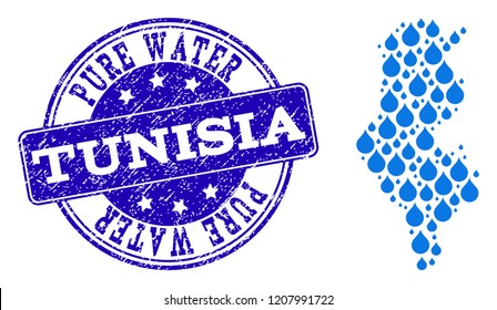 Map of Tunisia vector mosaic and Pure Water grunge stamp. Map of Tunisia formed with blue water dews. Seal with grunge rubber texture for clear drinking water.