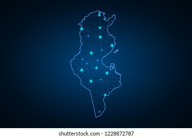 Map of Tunisia. Wire frame 3D mesh polygonal network line, design sphere, dot and structure. communications map of Tunisia. Vector Illustration EPS10.