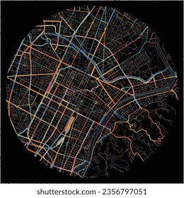 Map of Turin, Piedmont with all major and minor roads, railways and waterways. Colorful line art on black background.