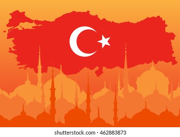 Map of Turkey in the colors of the flag at the background silhouette of the mosques cityscape. White crescent and star on red backdrop.